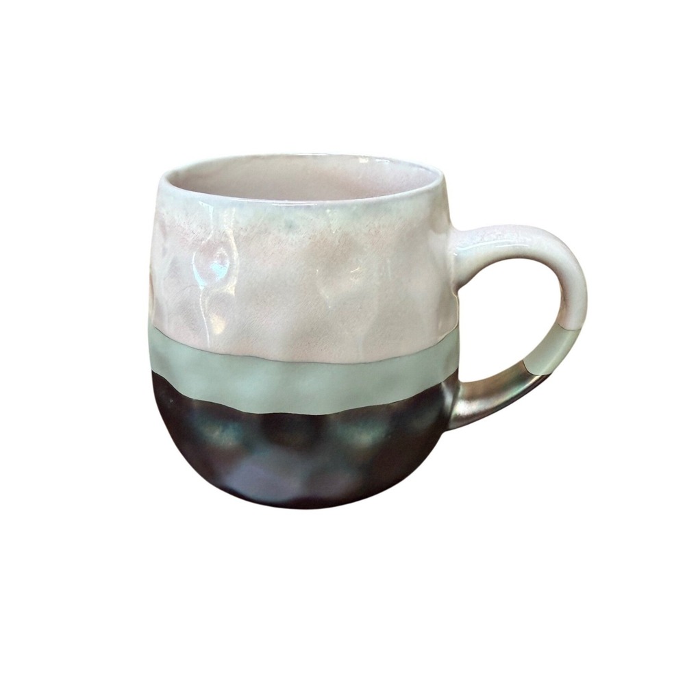 Tag Ceramic Mug Iridescent Pink Green Metallic Oil Slick Hammered Texture 4in